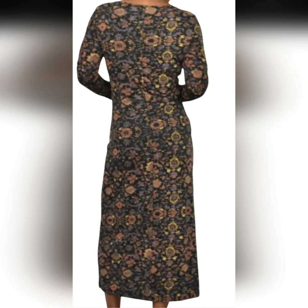 PeruvianConnection Dynasty Floral Black Jersey Scoop Neck Long Sleeves Midi Sz S